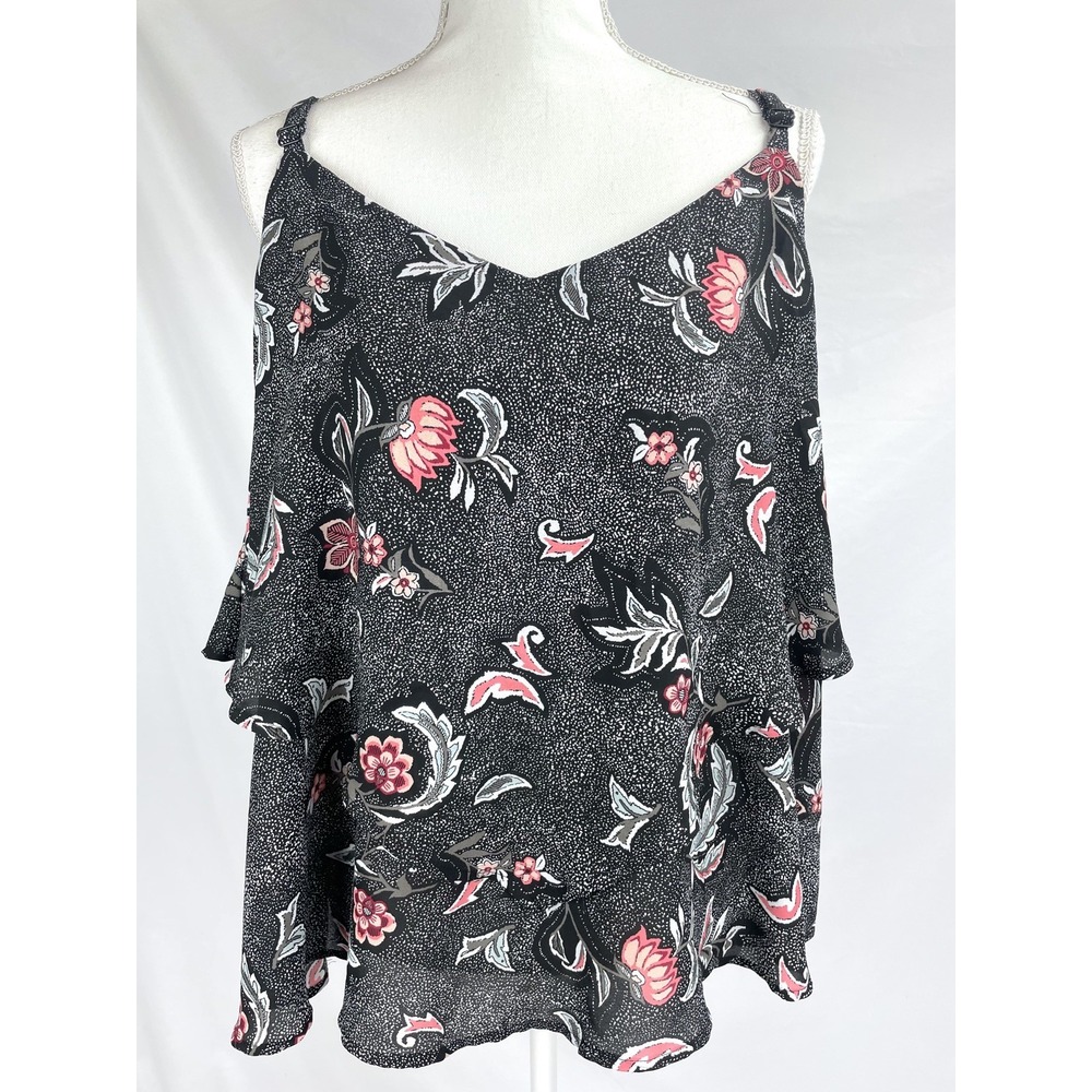 Torrid Blouse Women Size 1 Black Sleeveless Floral Layered Ruffle Semi-Sheer